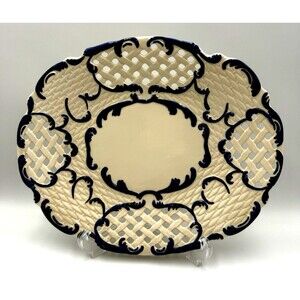 Vintage Blue & White Lattice Oval Platter, 12" x 10" x 1.5"